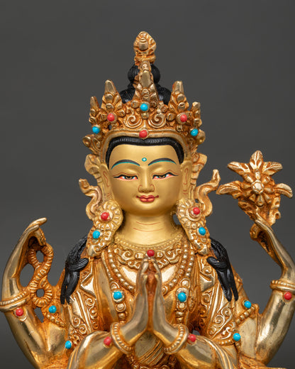 Avalokiteshvara Buddhist statue featuring gold painted face, copper body, and traditional Himalayan craftsmanship