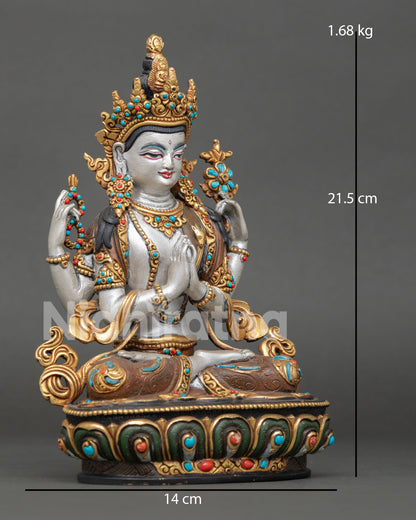 Avalokiteshvara Chenrezig sculpture with crystal rosary, lotus flower, and wish fulfilling jewel