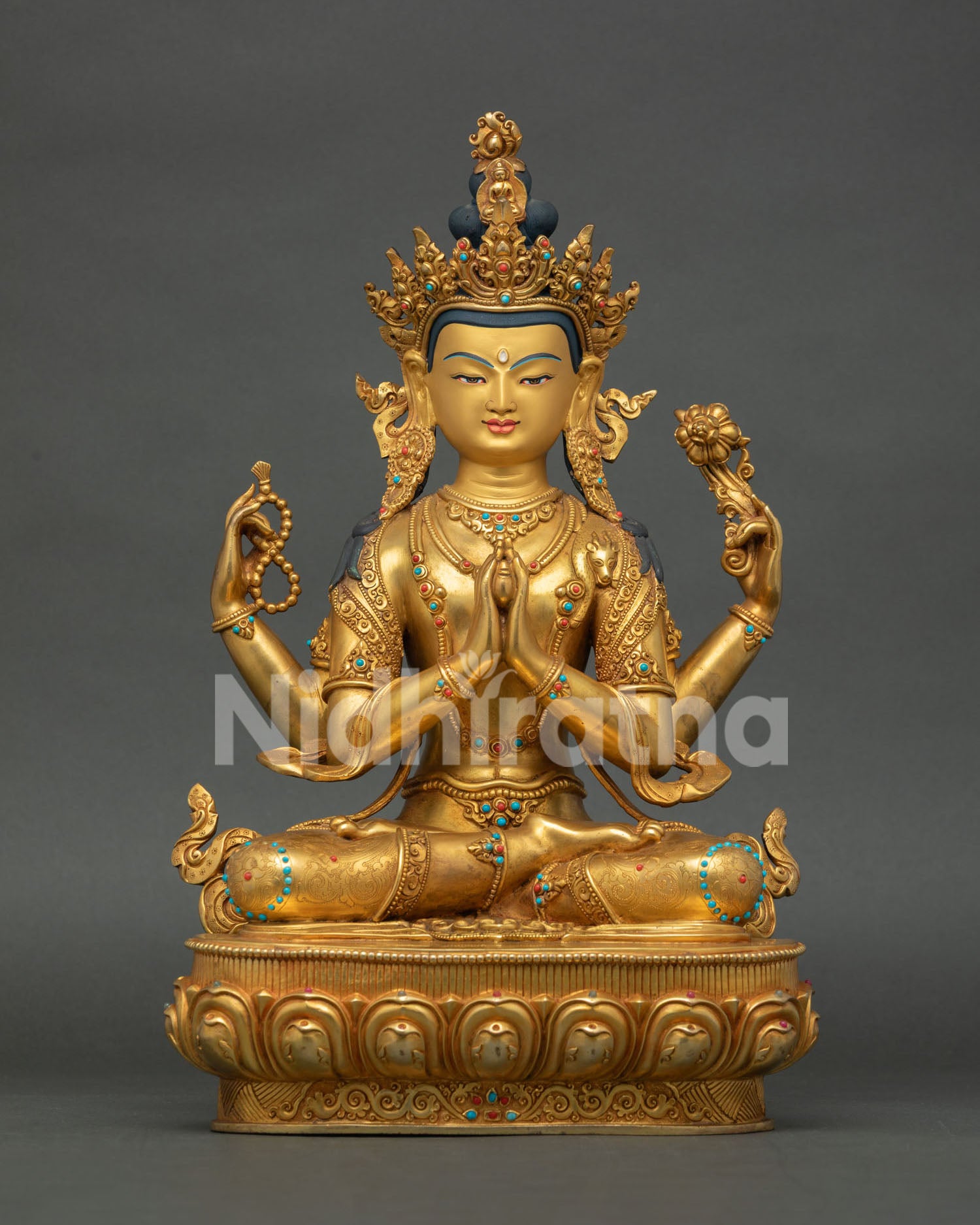 Avalokiteshvara Chenrezig Statue handcrafted copper Buddhist altar figure with 24K gold gilding