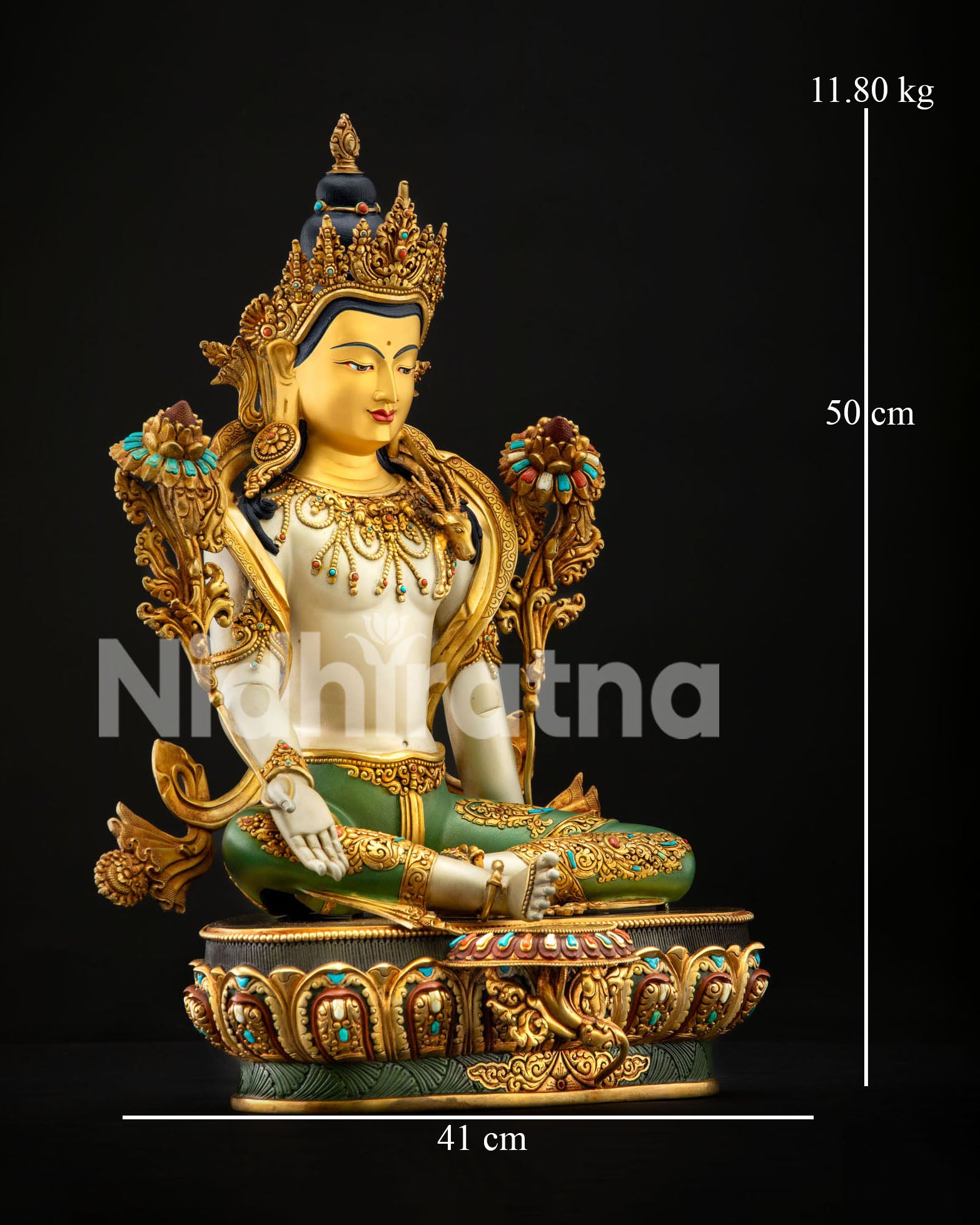 Avalokiteshvara Copper Statue with dimensions 50cm height 41cm width 11.80kg weight, Nidhiratna