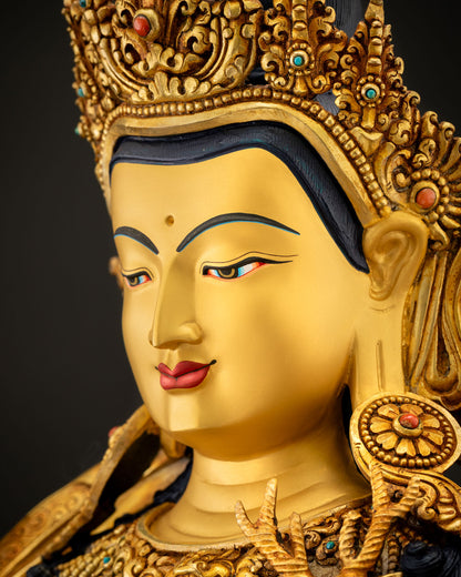 Avalokiteshvara face close-up showing urna mark, downcast eyes and red lips, Buddhist Statue Nepal