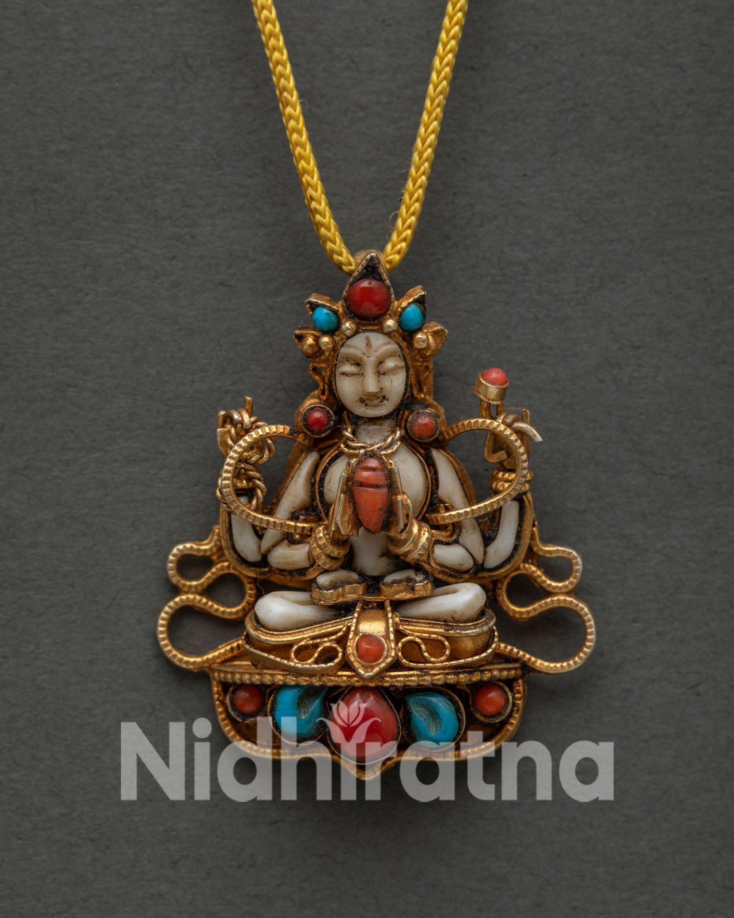 Avalokiteshvara Pendant, Handmade by Newari Artisans with Sacred Gemstone Details
