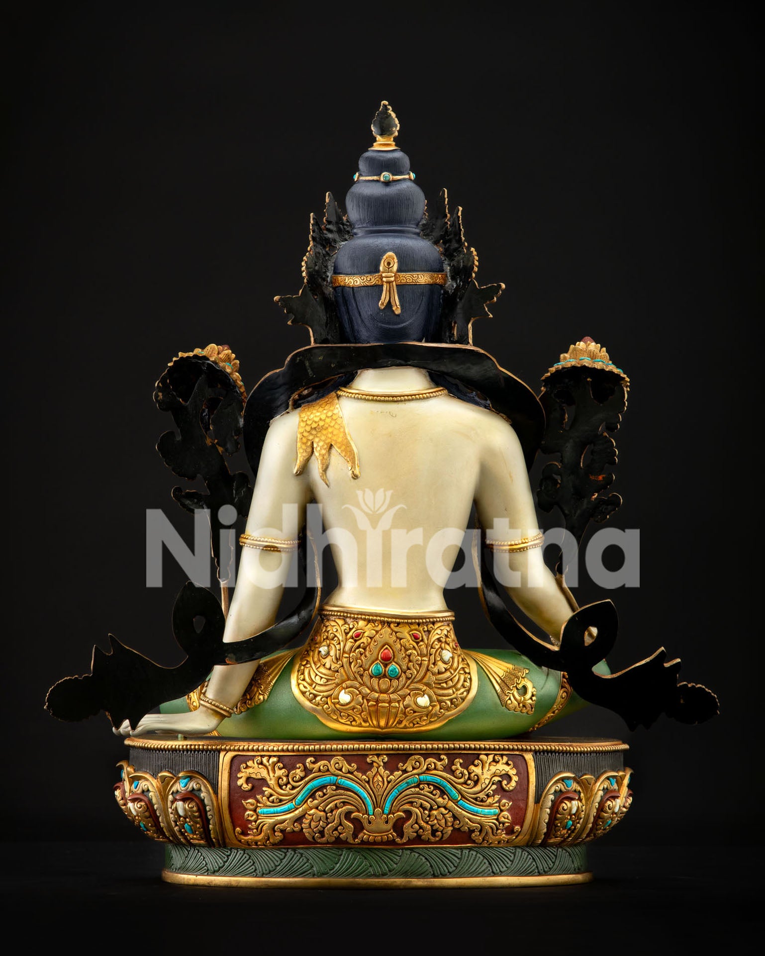 Avalokiteshvara Statue back view showing gilded-gilded ornament and ushnisha, copper base