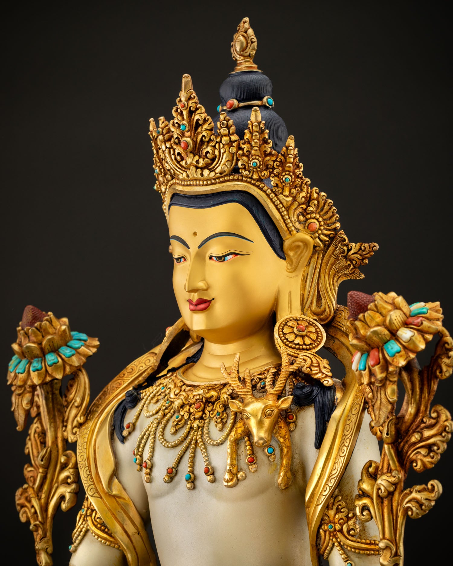 Avalokiteshvara Statue three-quarter view showing lotus pedestal and gilded robes, Patan Nepal
