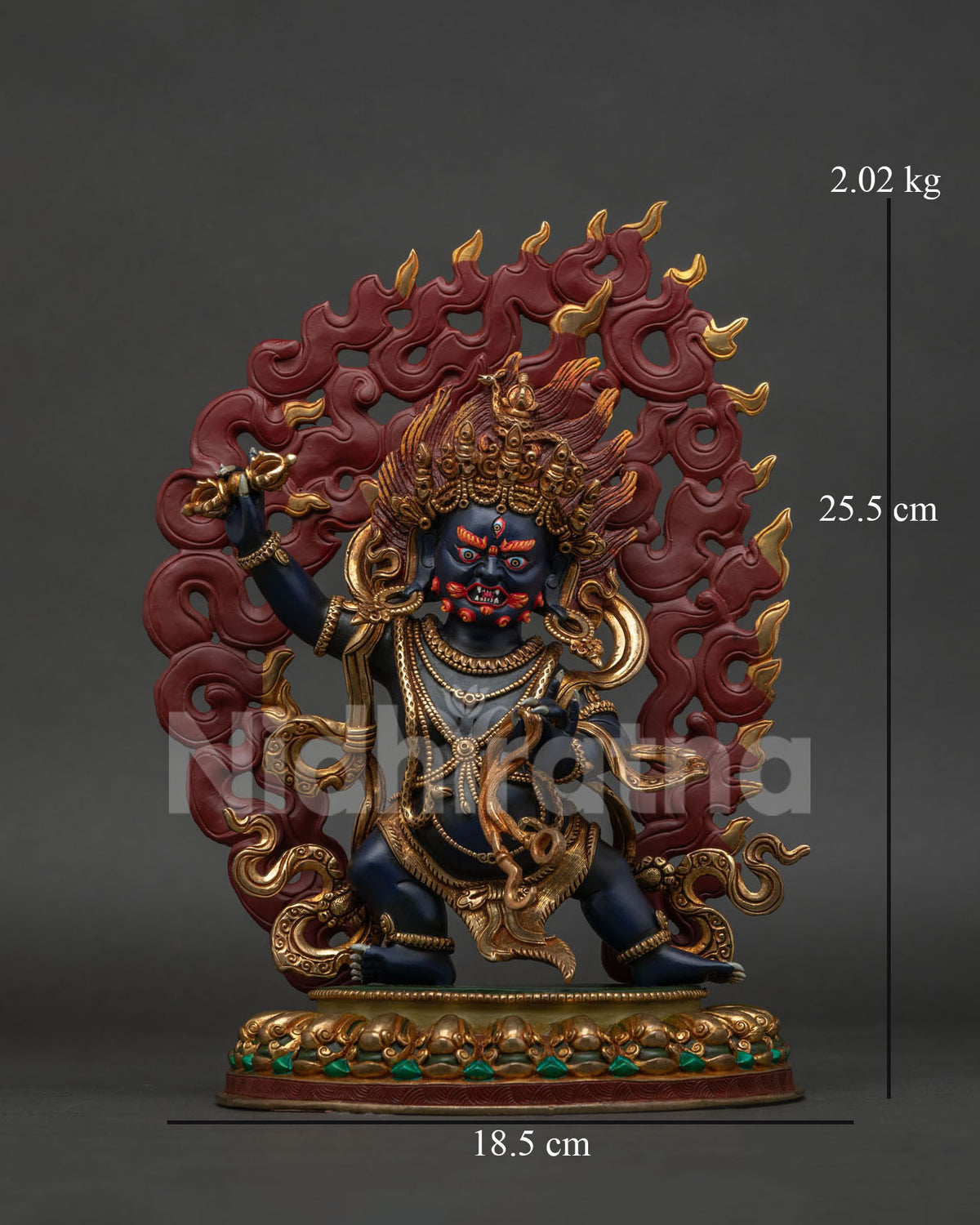 Front view of hand-painted copper Vajrapani statue on lotus pedestal with blazing halo.