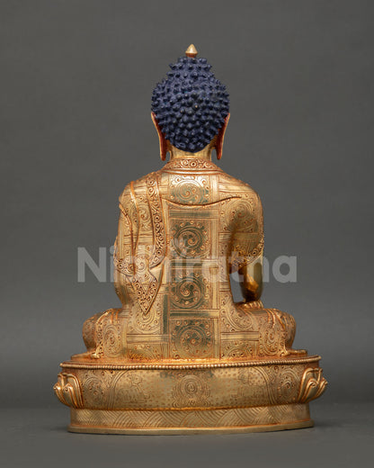 Back Back view Shakyamuni Buddha copper statue, detailed robe engravings, 24K gold gilding, Nepal