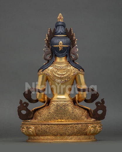 Back View: Back Detail Amitayus Statue Nepal Handcrafted Lost Wax Copper Gold Finish Engraved Lotus Pedestal