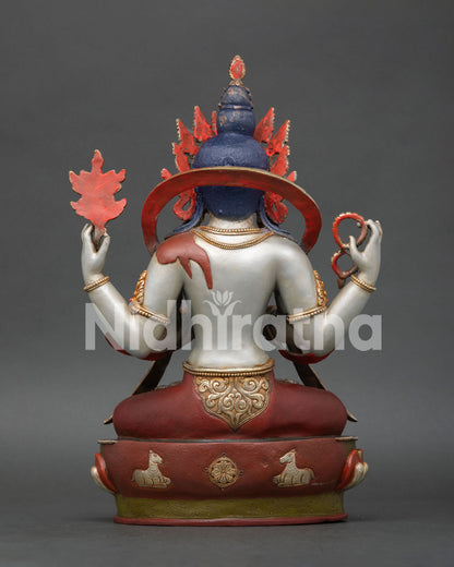 Back Detail of Chenrezig Statue Intricately Crafted Copper Work Gold Gilded Finishing Lotus Throne Engraving Himalayan Buddhist Art from Nepal.