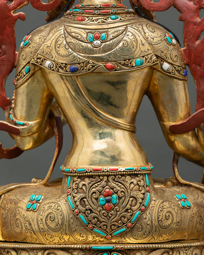 Back torso detail of White Tara statue with repoussé carvings and gemstone embellishments