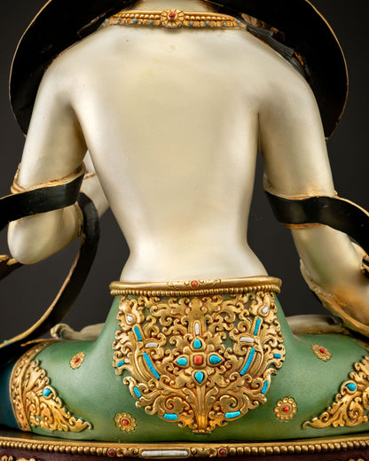 Back upper body detail of Dukar White Umbrella Goddess copper statue from Nepal