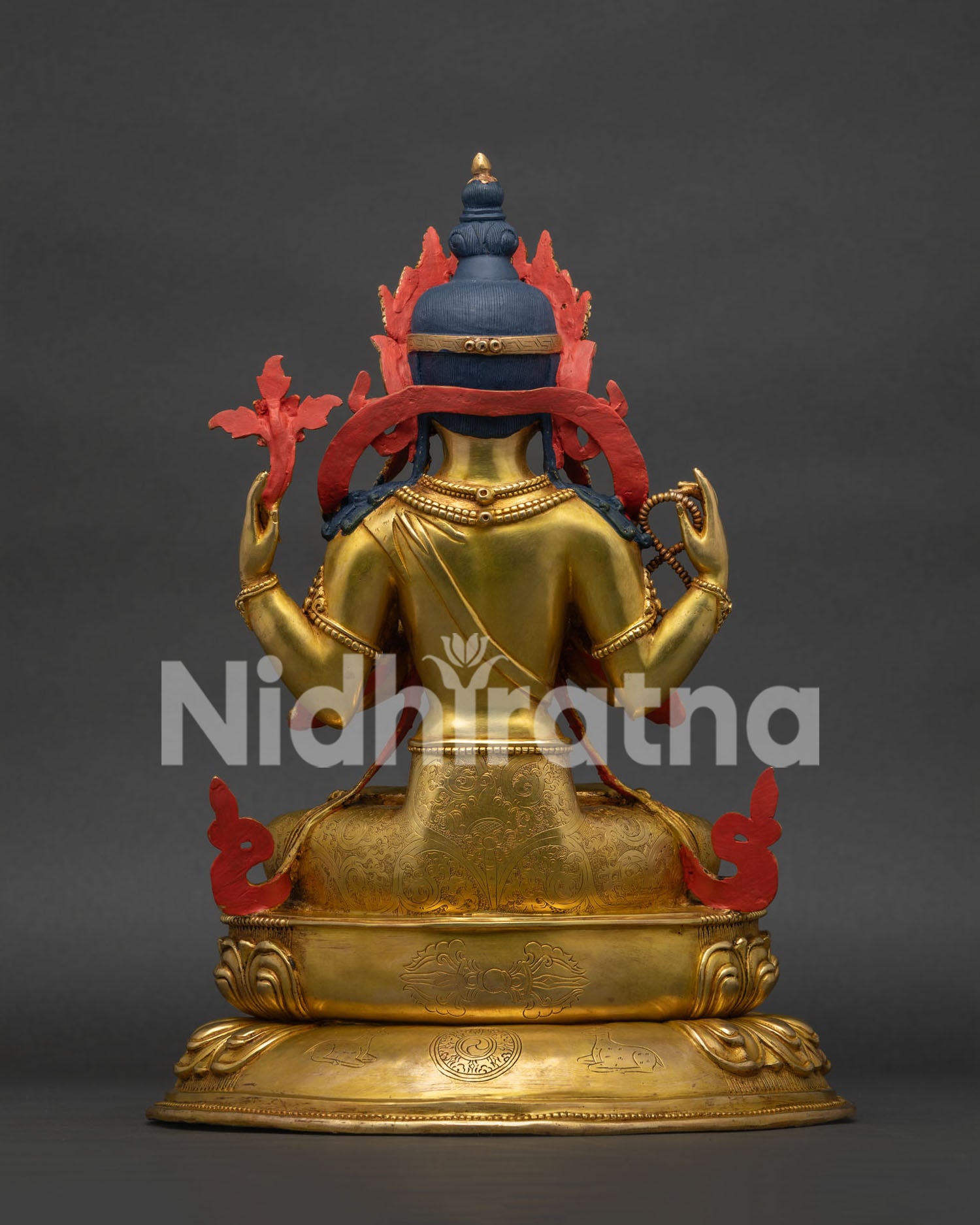 Back View of 24K Gold 4-Armed Chenrezig Statue Showing Intricate Lotus Pedestal