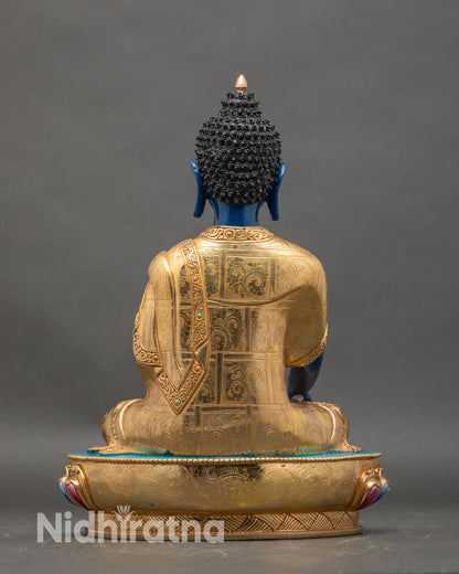 back view of Deep Blue Shakyamuni Buddha statue lotus pedestal intricate gold patterns semi precious stone embellishments