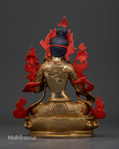 back view Green Tara statue handcrafted Nepal intricate hand detailing celestial robes Buddhist Goddess sculpture