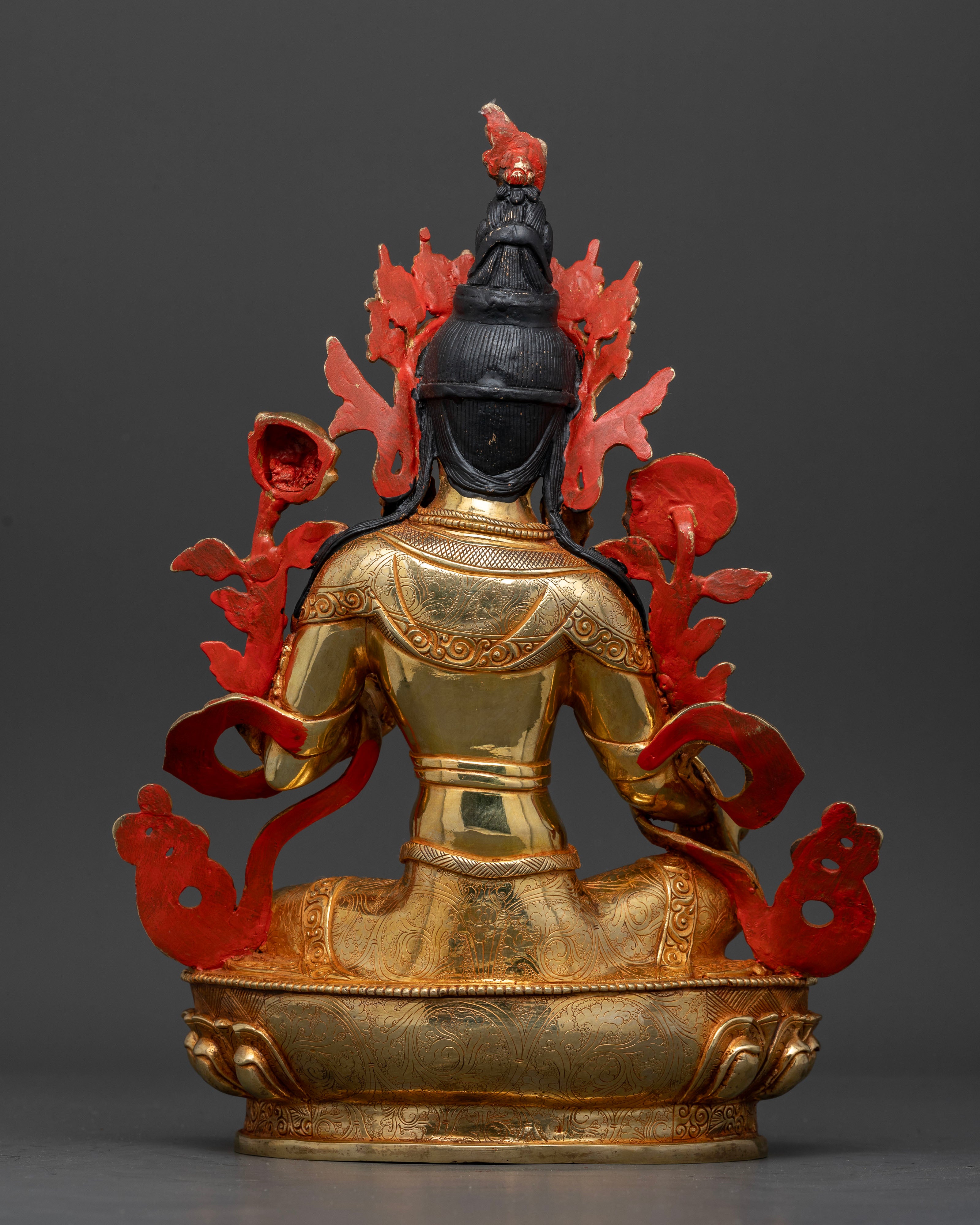 back view Green Tara statue handmade Nepal intricate carvings Buddhist Tara sculpture meditation decor