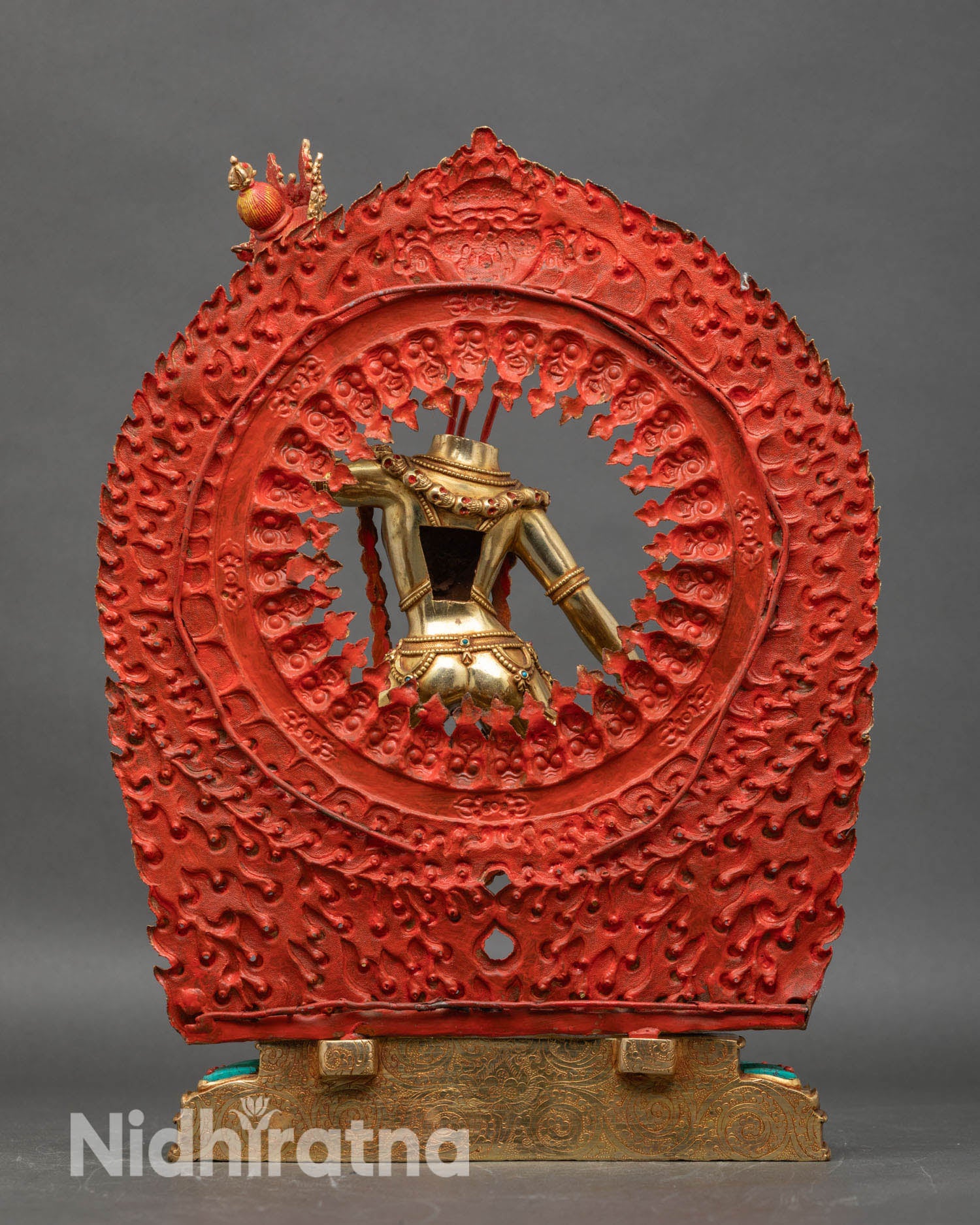 back view of Vajrayogini Ucheyema statue coral turquoise stones lotus pedestal detail Nepalese artisan