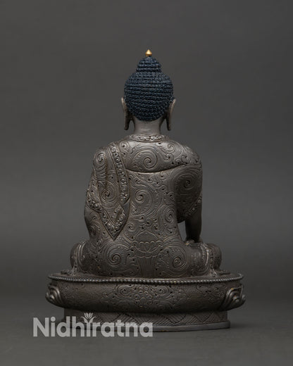Back view of Akshobhya Buddha statue handcrafted Nepal lost wax copper sculpture, Dharma protector meditation altar art