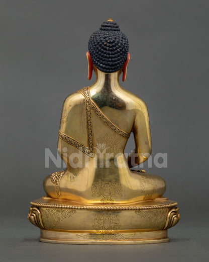 Back view Amitabha Buddha statue, intricate metalwork lotus base Nepalese craftsmanship