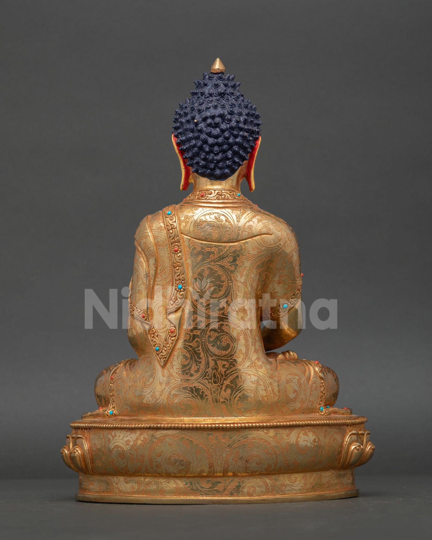 Back view of Amitabha Buddha statue, detailed copper finish, gold gilding monastic robe, Himalayan Buddhist craftsmanship statue 