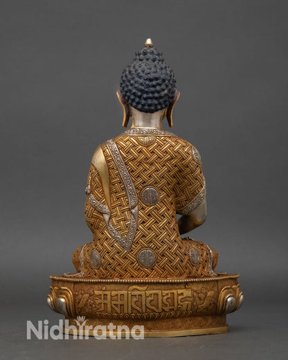 Back view of Amitabha Buddha statue detailed gold gilded robes handcrafted Himalayan art