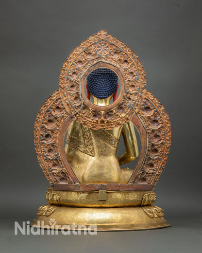 Back view Amitabha Buddha statue detailed halo lotus base Newari craftsmanship