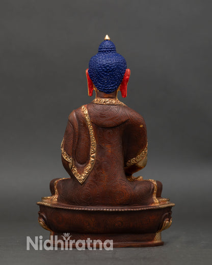 Back view Amitabha Buddha statue gold copper Himalayan Buddhist art meditation space