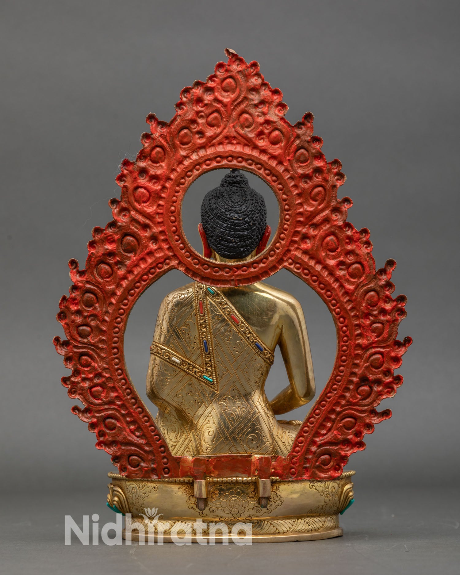 Back view Amitabha Buddha statue halo with semi precious stones Nepal craftsmanship