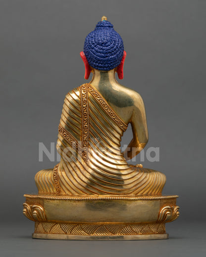 Back view of Amitabha Buddha statue, handcrafted in Nepal, copper, 24K gold finish, intricate detailing, flowing robes, Buddhist sacred art, meditation decor