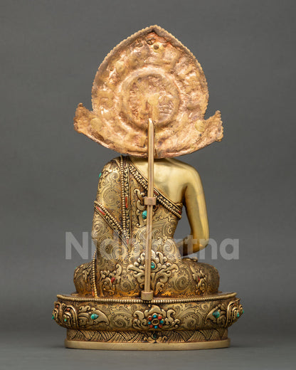Back view of Amitabha Buddha statue, handcrafted in Patan, Nepal, sacred Buddhist meditation deity home altar decor spiritual serenity sculpture