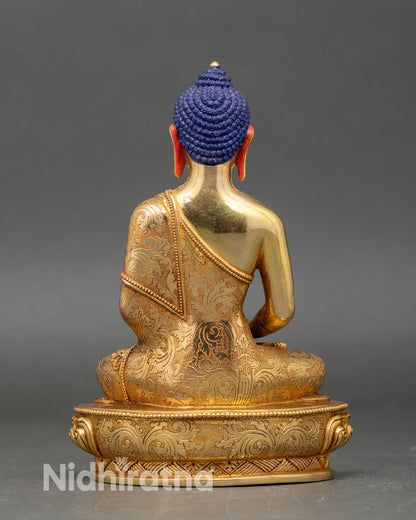 Back view Amitabha Buddha statue intricate lotus pedestal and hand-engraved floral motifs