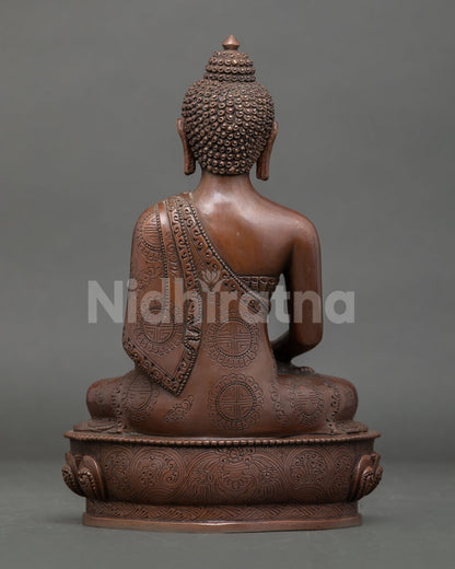 Back view Amitabha Buddha statue Nepal copper oxidized finish detailed carving