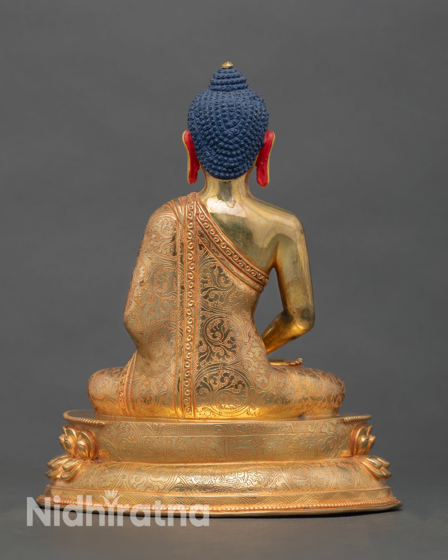 Back view of Amitabha Buddha statue Newari craftsmanship copper alloy sacred Buddha of infinite light meditation room spiritual interior decor