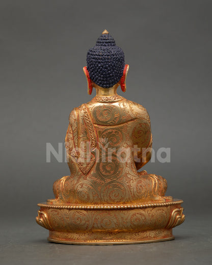 Back view Amitabha Buddha statue showing robe patterns, copper craft and gold gilded finish