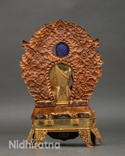 Back view Amitabha Buddha statue with intricate carvings, perfect for spiritual altars and sacred Buddhist artwork.