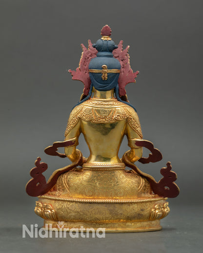 Back view of Amitayus Bodhisattva statue intricate detail copper gold gilded Nepal handcrafted