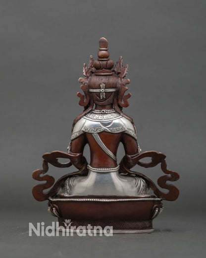 Back View Amitayus Buddha Statue Five Pointed Crown Floral Motifs Silver Plated