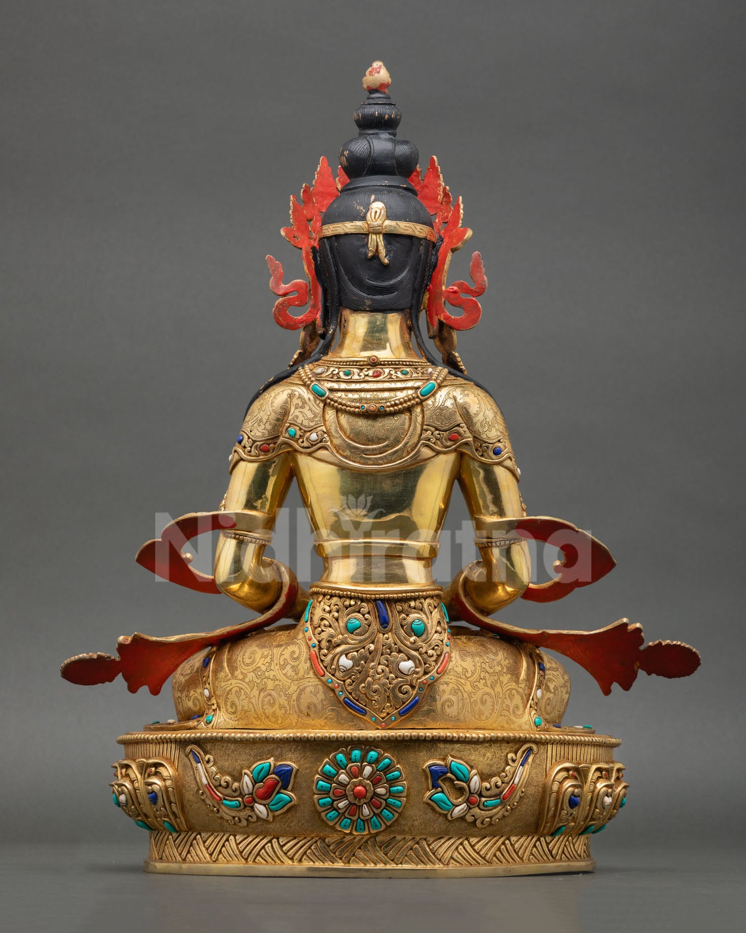 Back view of Amitayus statue, ornate detailing gold gilded copper finish Himalayan Buddhist craftsmanship Nepal