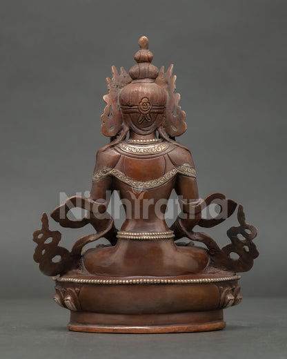 Back view Amitayus Statue handcrafted copper sculpture antique finish silver plated accents