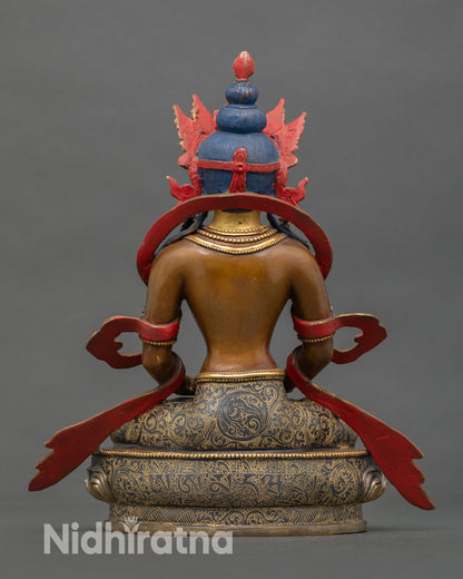 Back view of Amitayus statue ornate lotus throne oxidized copper body silver plating traditional Nepalese lost wax craftsmanship sacred altar decor detail