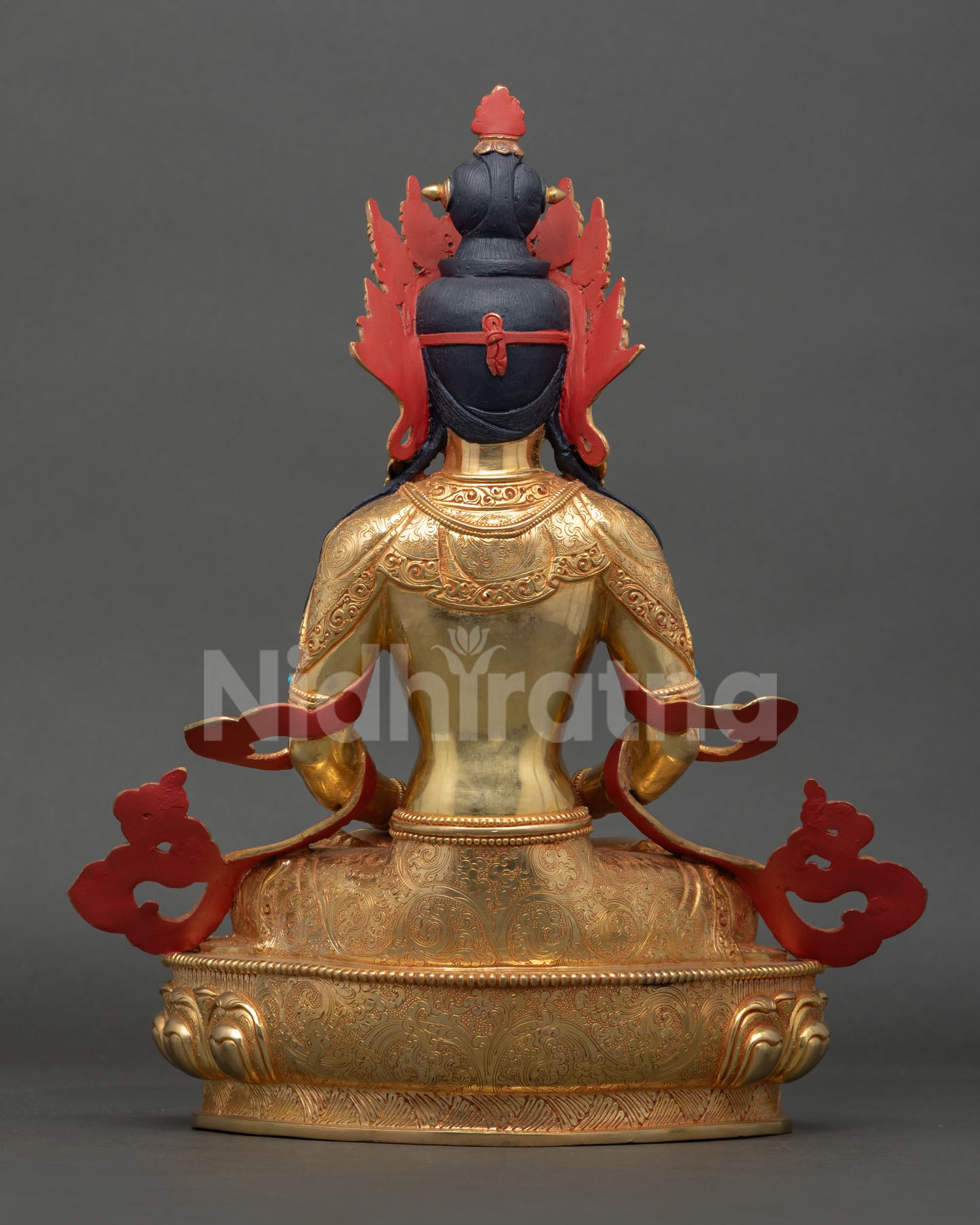 back view Amitayus statue revealing detailed engravings, copper craftsmanship, and traditional Nepalese artistry