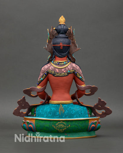 Back view of Amitayus statue showing copper craftsmanship with hand-painted finish and altar art