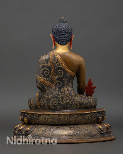 Back view of Bhaisajyaguru statue intricate lotus throne copper Buddhist art