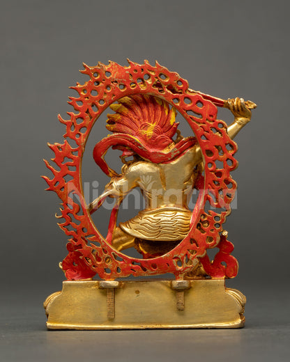 Back view of Black Manjushri statue handcrafted Nepal copper gold gilded finish fiery halo sacred altar meditation decor Himalayan deity sculpture