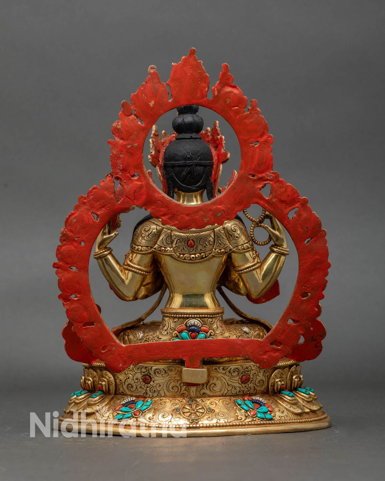 Back view Chenrezig statue decorative halo semi-precious stones lotus pedestal