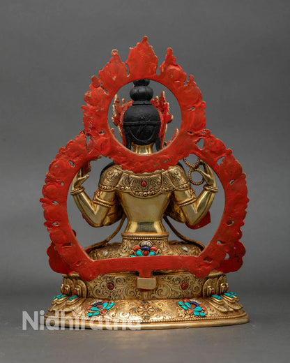 Back view Chenrezig statue decorative halo semi-precious stones lotus pedestal