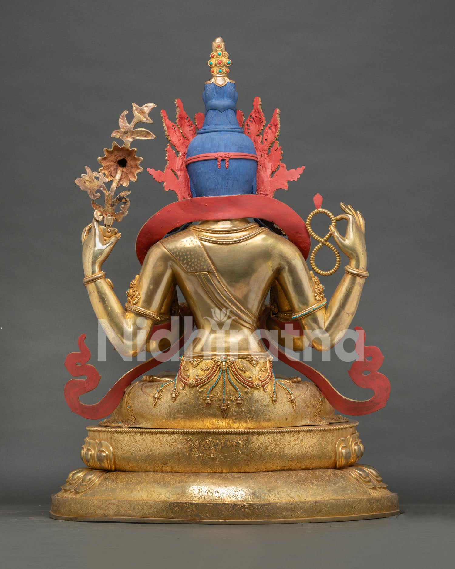 back view chenrezig statue detailed lotus pedestal carving copper gold plated buddhist art