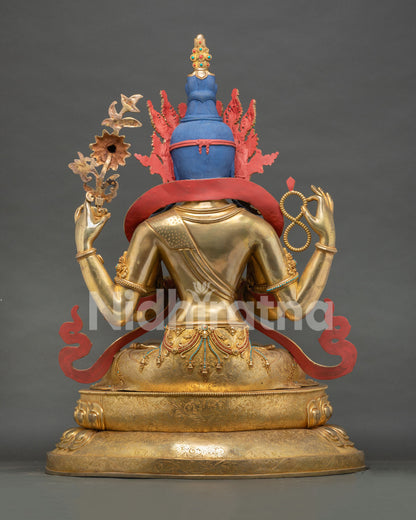 back view chenrezig statue detailed lotus pedestal carving copper gold plated buddhist art