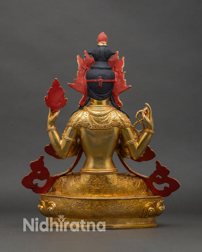 Back view Chenrezig statue gold-gilded copper Himalayan meditation altar decor