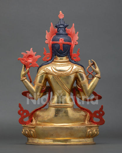 Back view of Chenrezig statue handcrafted Nepal copper 24K gold finish, intricate detailing flowing ornaments, Buddhist compassion deity sculpture