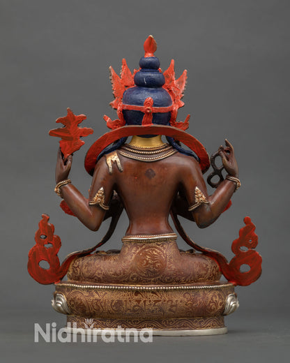 Back view of Chenrezig statue handcrafted Nepal sculpture showing oxidized copper body silver plating and traditional sacred altar design craftsmanship