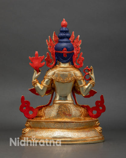 Back view of Chenrezig statue intricate robes lotus pedestal Nepalese handcrafted sculpture